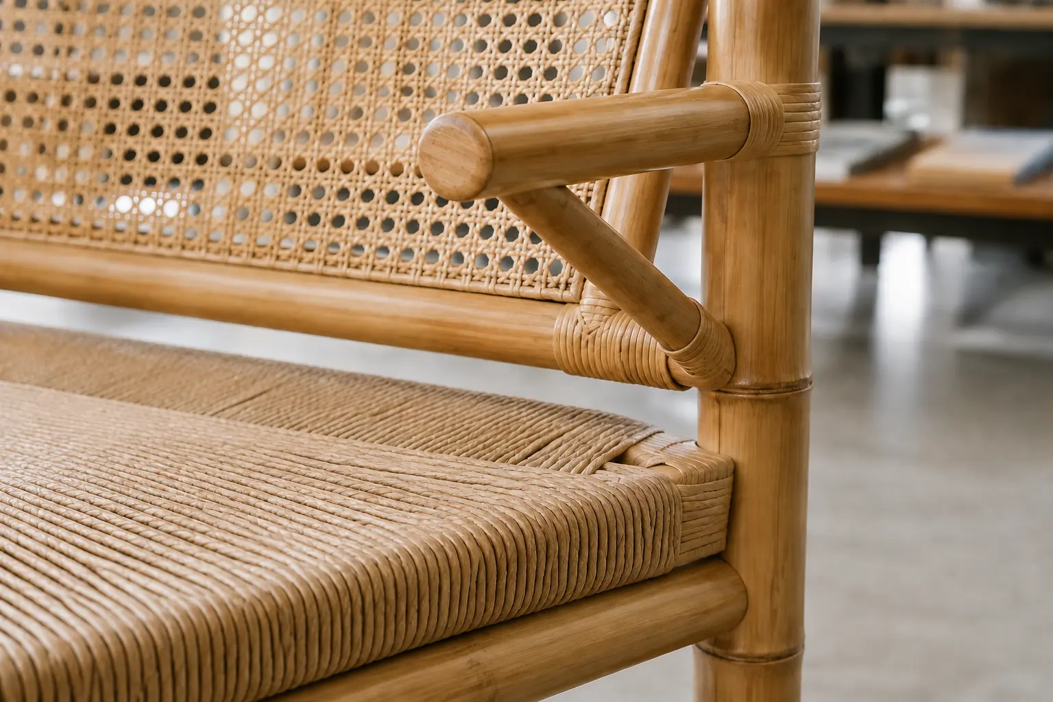 Close view of bamboo frame cane wicker and woven chair materials