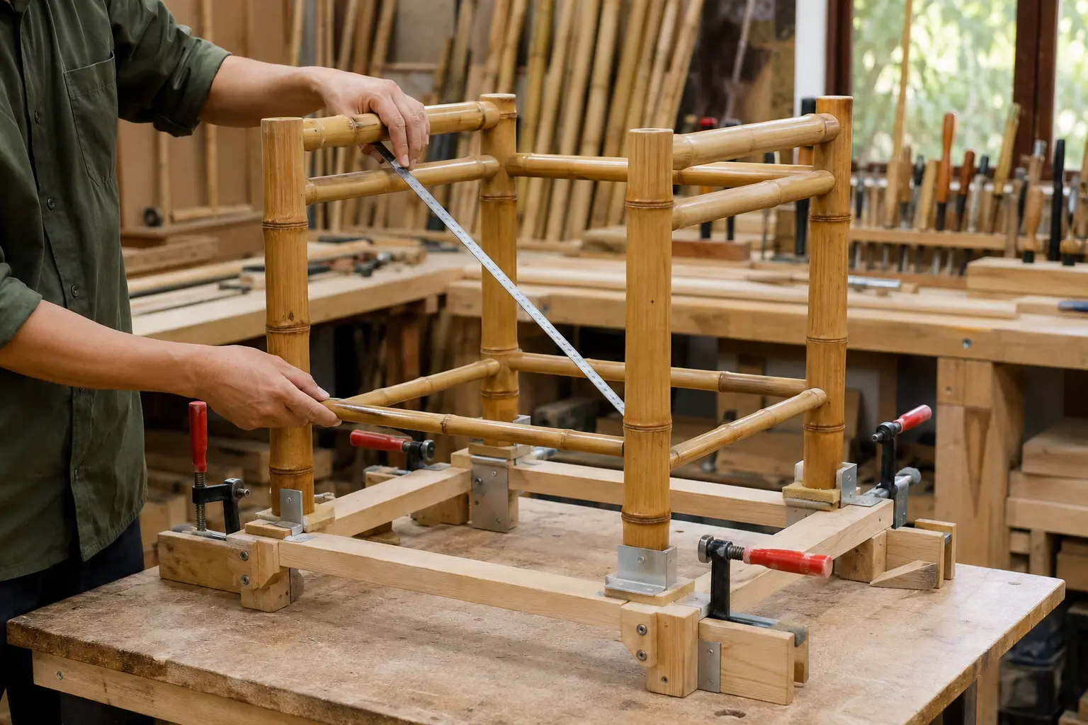 Bamboo chair frame aligned in an assembly jig before joining