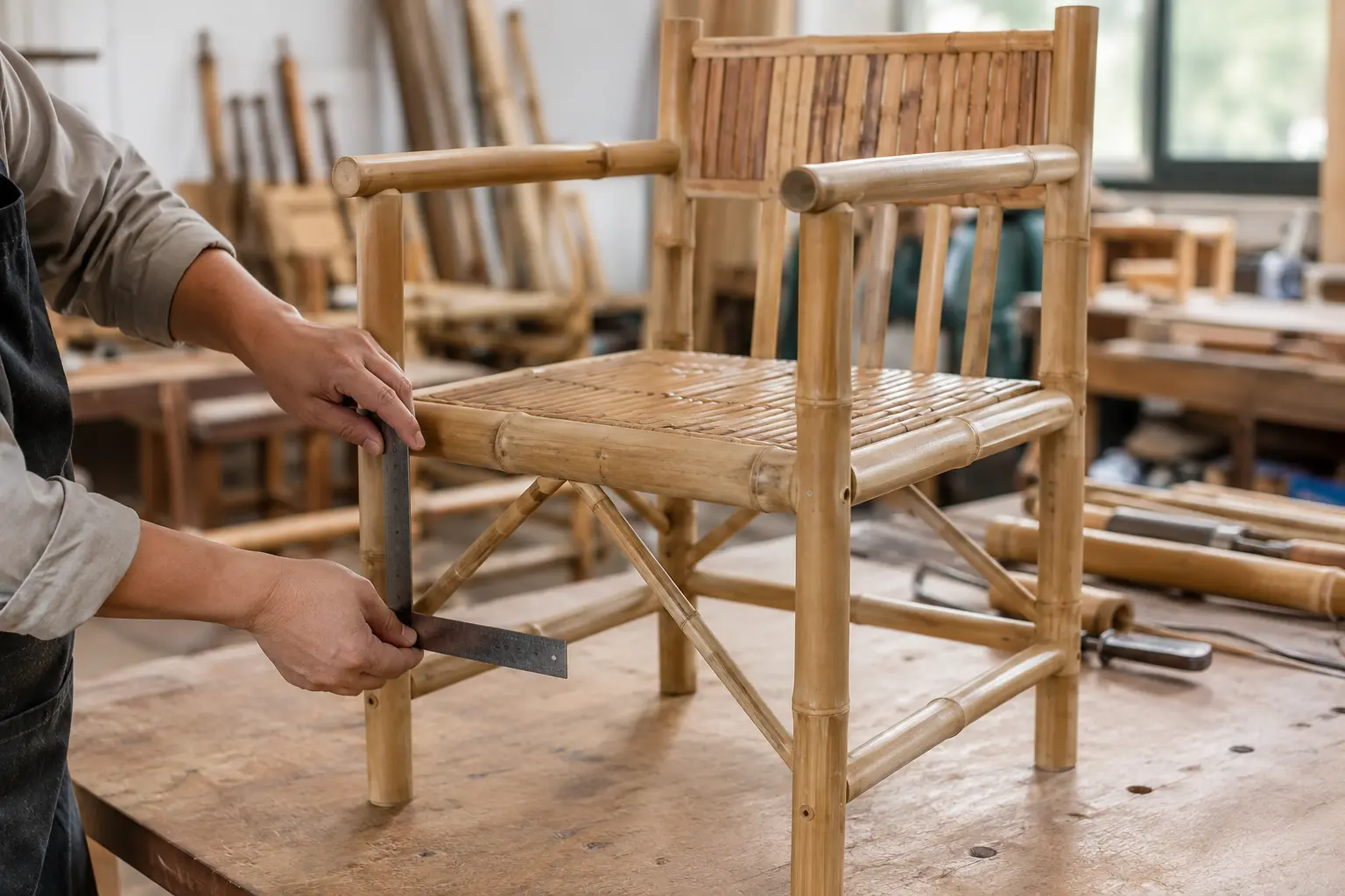 Close-up of a bamboo chair frame seat back and reinforced joinery