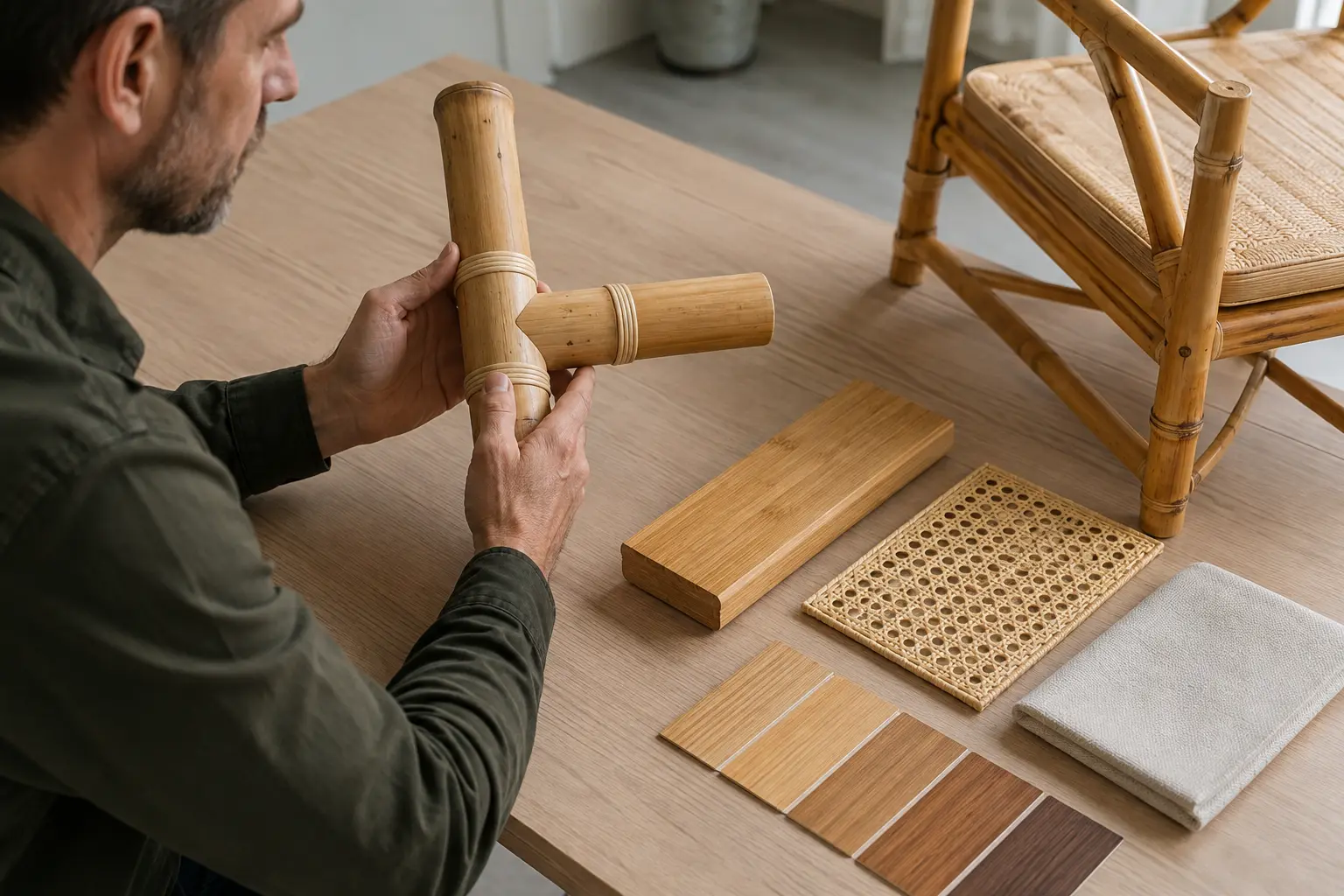 Buyer comparing bamboo chair frame weave cushion and finish materials