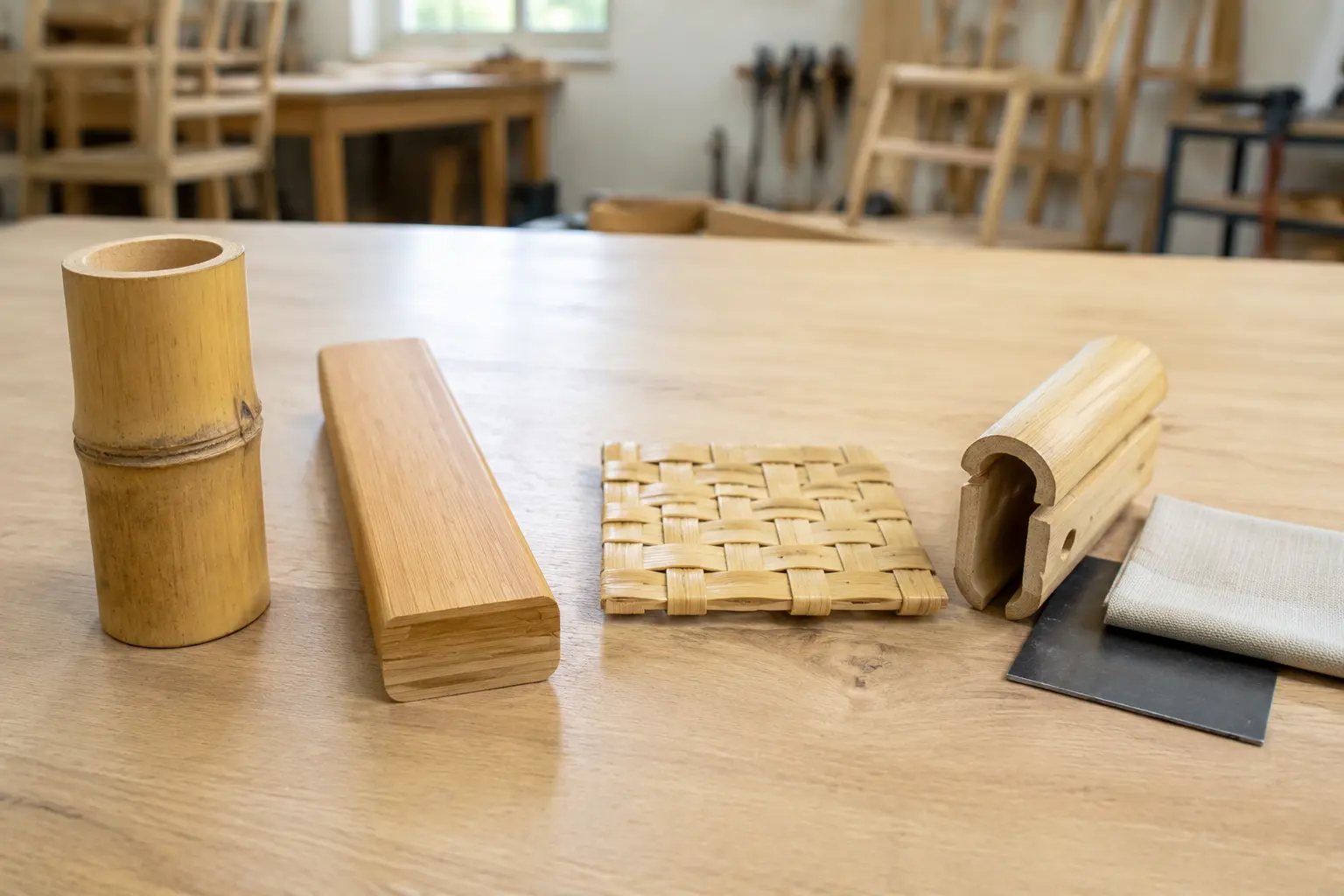 Whole culm laminated woven and hybrid bamboo chair material constructions