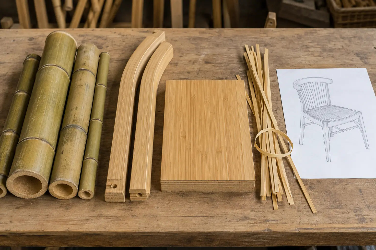 Whole culm laminated and woven bamboo chair material formats