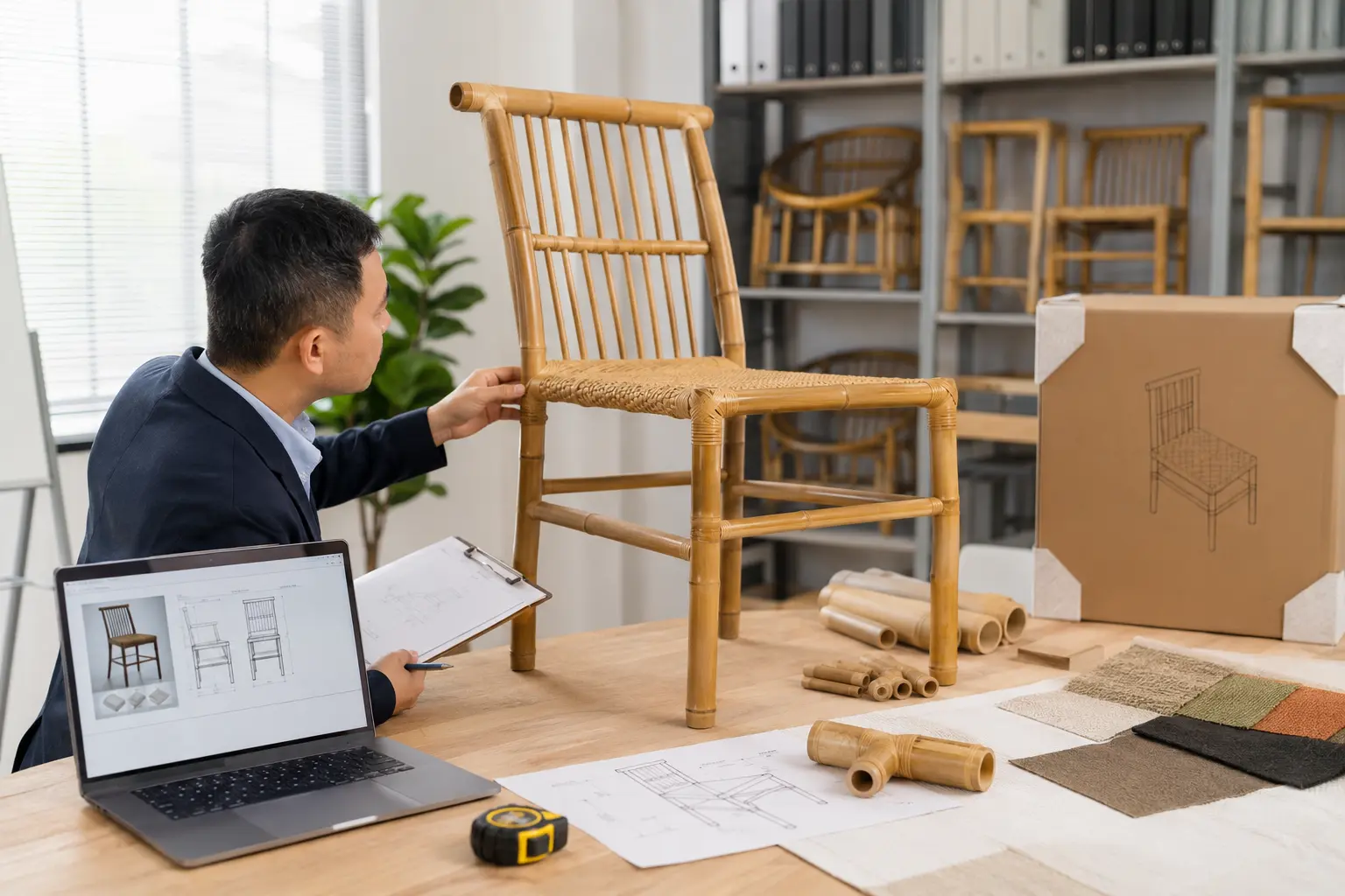 Online bamboo chair buyer reviewing dimensions joints and packaging details