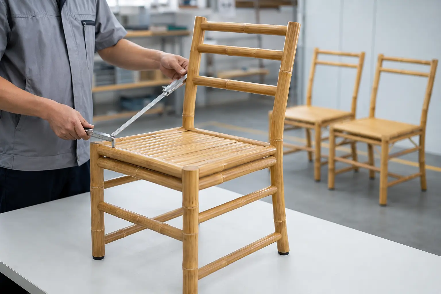 Quality inspector checking bamboo chair joints dimensions and stability