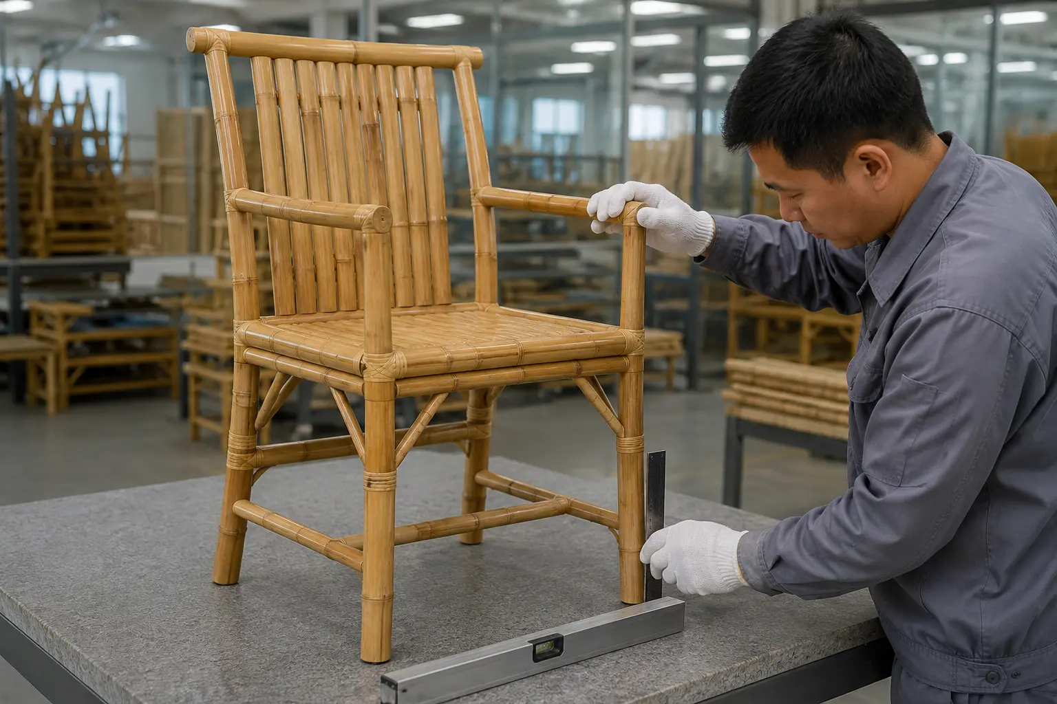 Finished bamboo chair undergoing joint stability and surface inspection