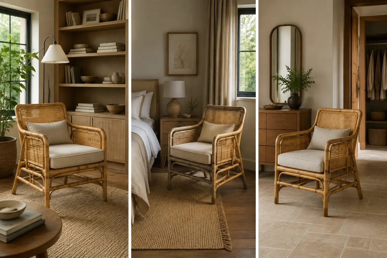 Bamboo reading chair in living room bedroom and dry bathroom settings