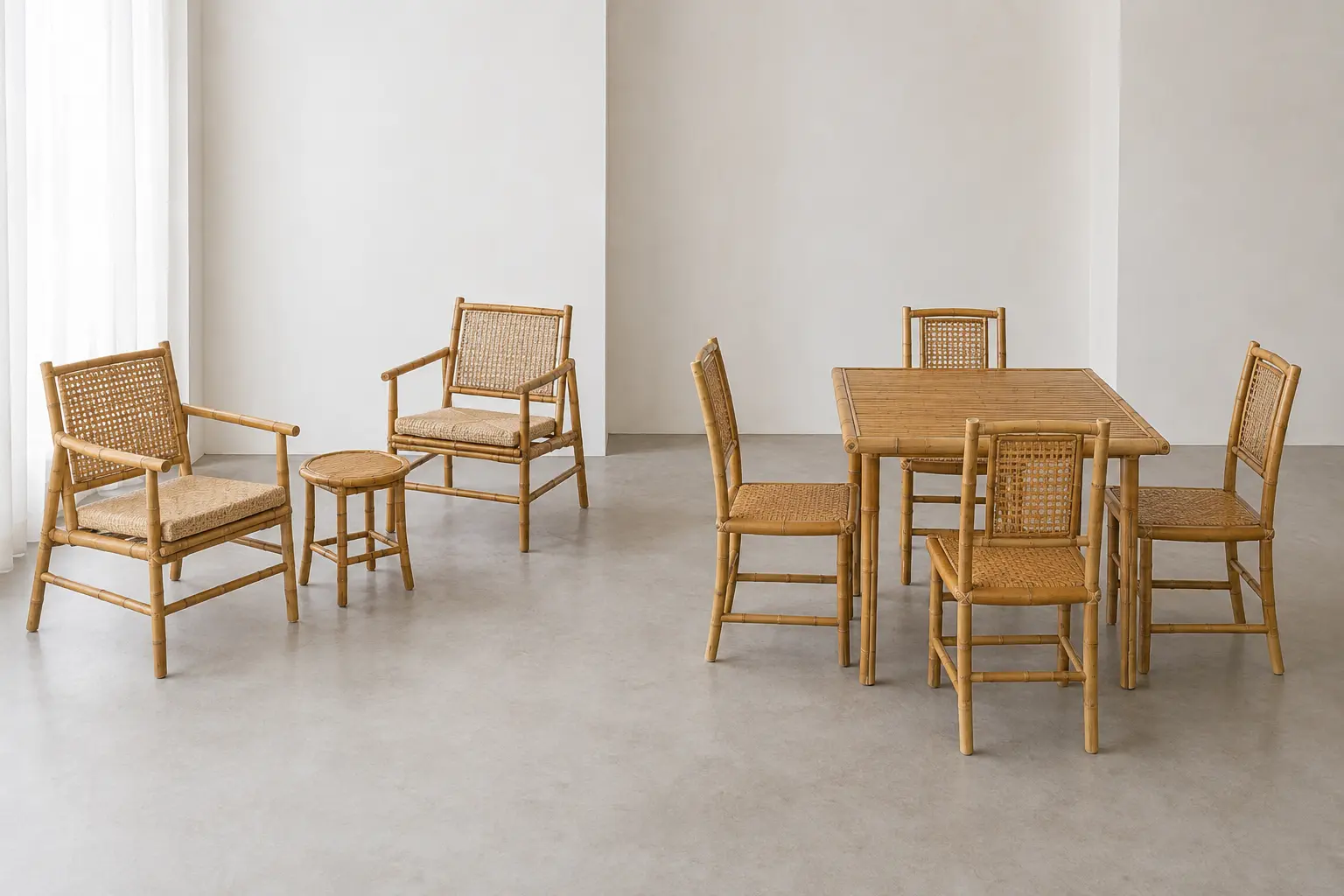 Bamboo dining chair set of two and four arranged around tables