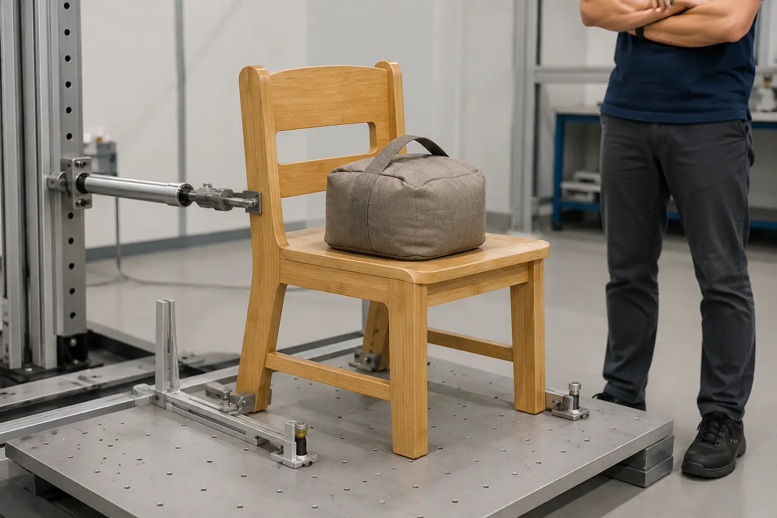 Prototype bamboo child chair undergoing controlled stability and load evaluation
