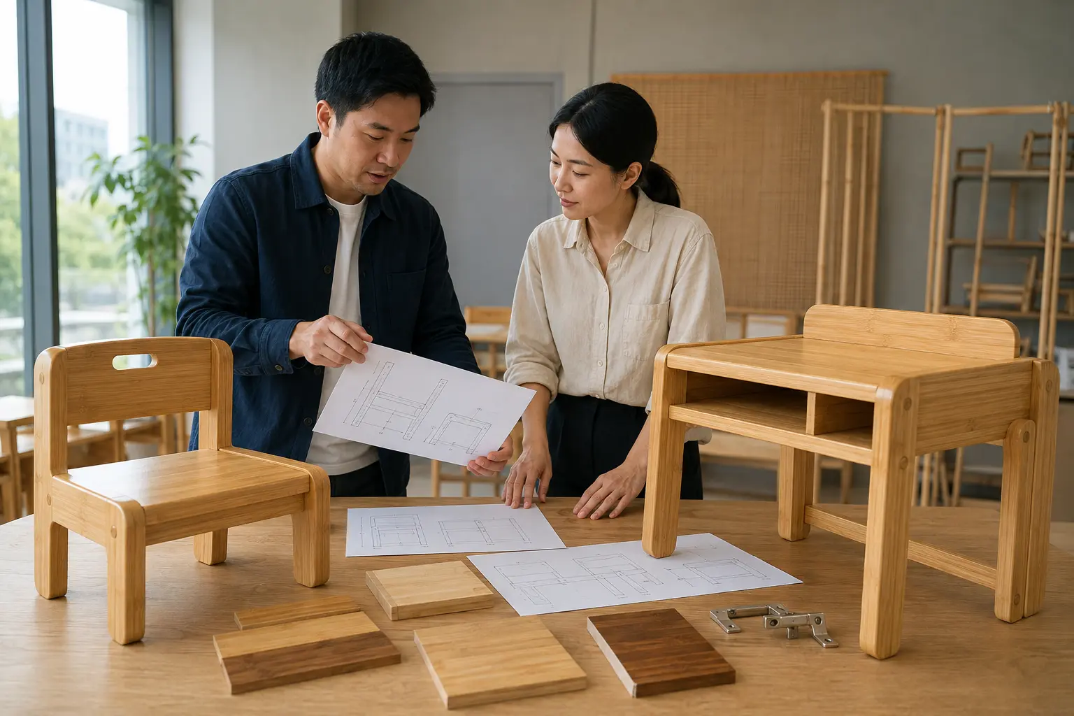 B2B buyer reviewing bamboo kids chair samples and technical drawings