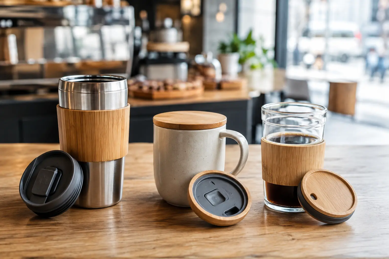 Selection of bamboo coffee cups and travel mugs with different lids