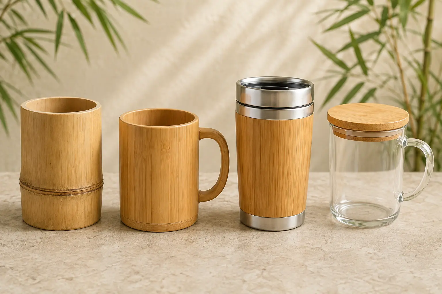 Natural bamboo cup beside laminated bamboo and mixed-material drinkware