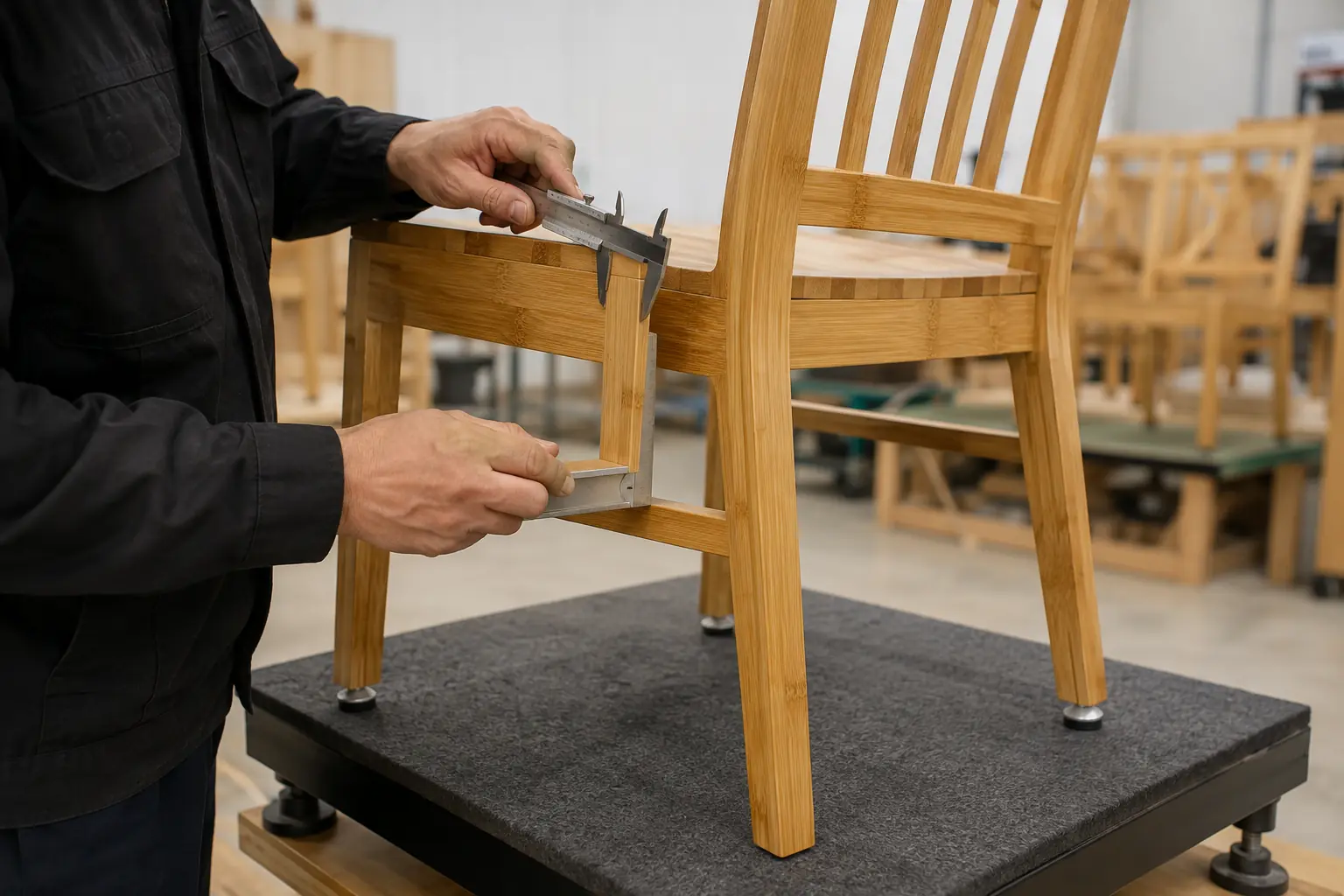 Quality inspector checking bamboo dining chair joints frame alignment and floor glides