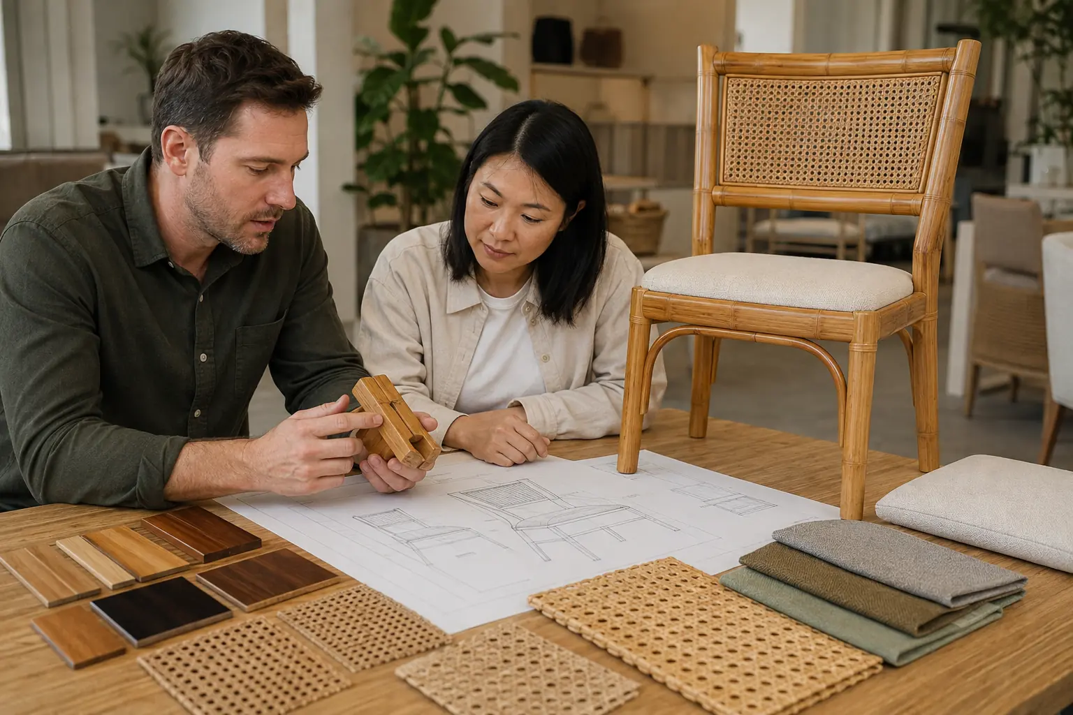 B2B buyer reviewing bamboo dining chair samples finishes and woven materials