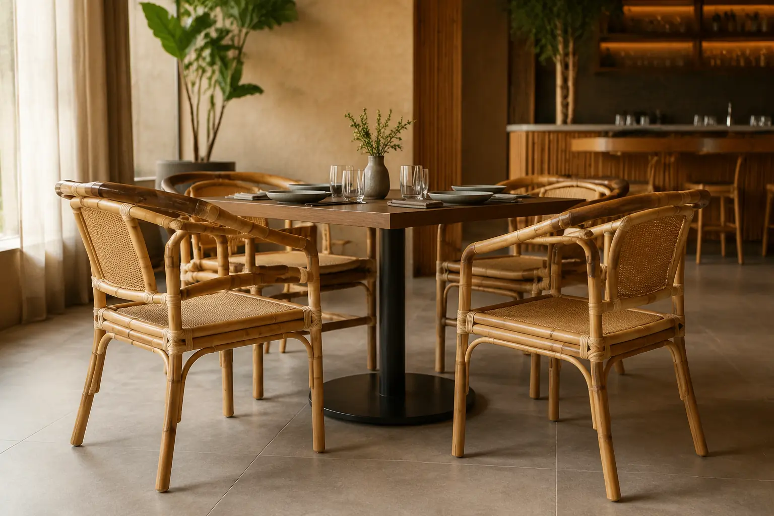 Modern bamboo dining chairs arranged around a table in a contemporary restaurant interior
