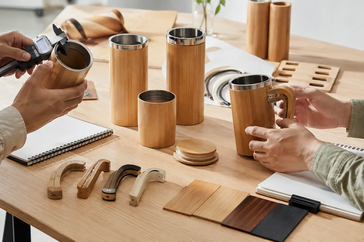 Bamboo drinkware samples being reviewed for rim, handle, lid and finish