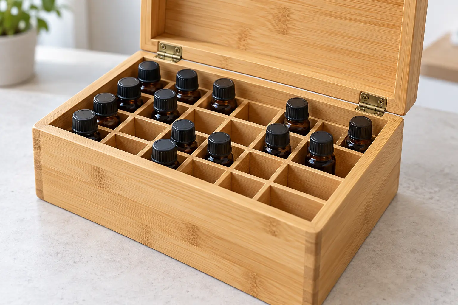 Bamboo essential oil storage box with aligned lid and bottle dividers