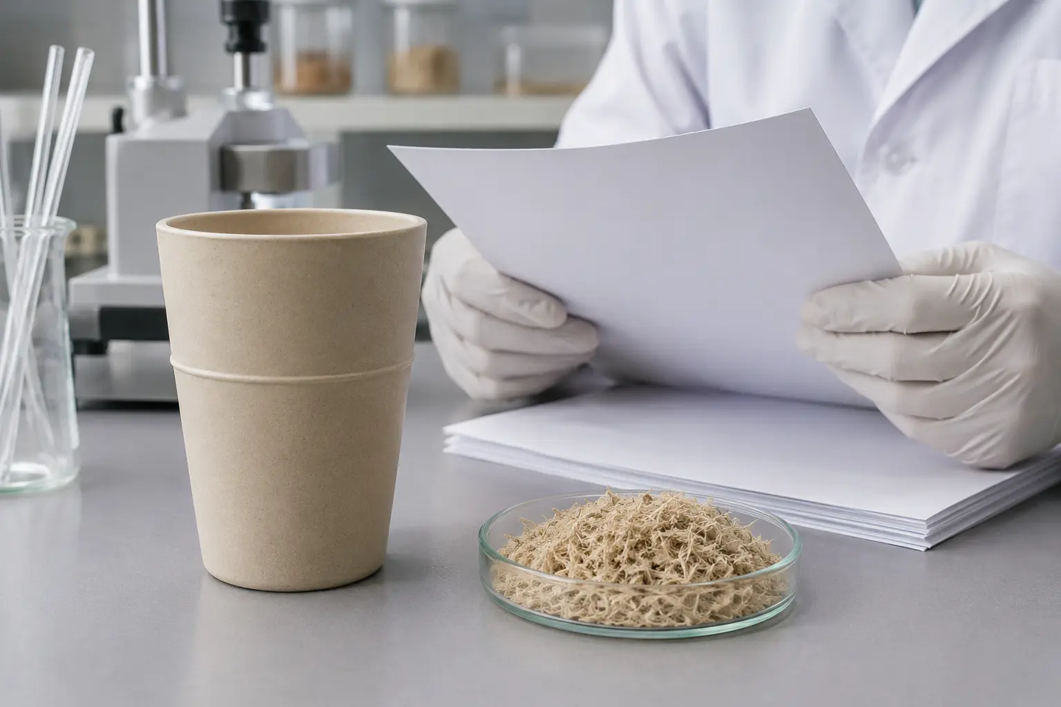 Molded bamboo-fibre composite cup being checked against material documentation
