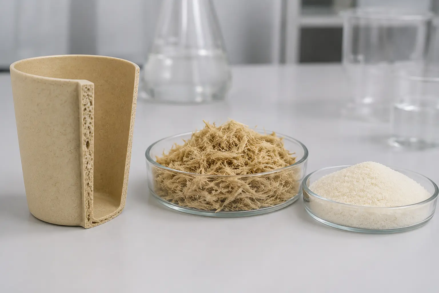 Moulded bamboo-fibre composite cup shown with fibre and binder samples