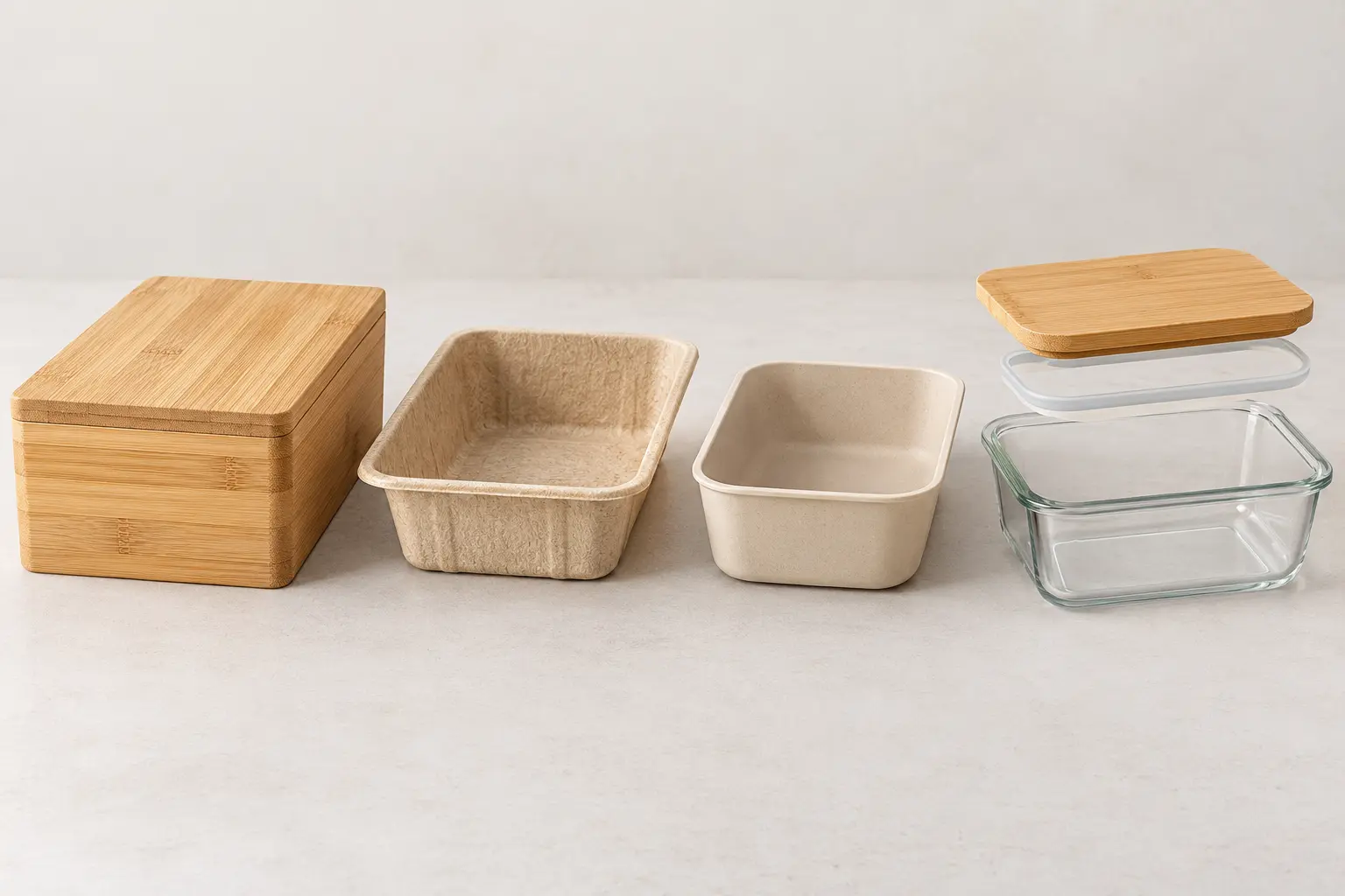 Solid bamboo box, bamboo pulp tray and glass container with bamboo lid