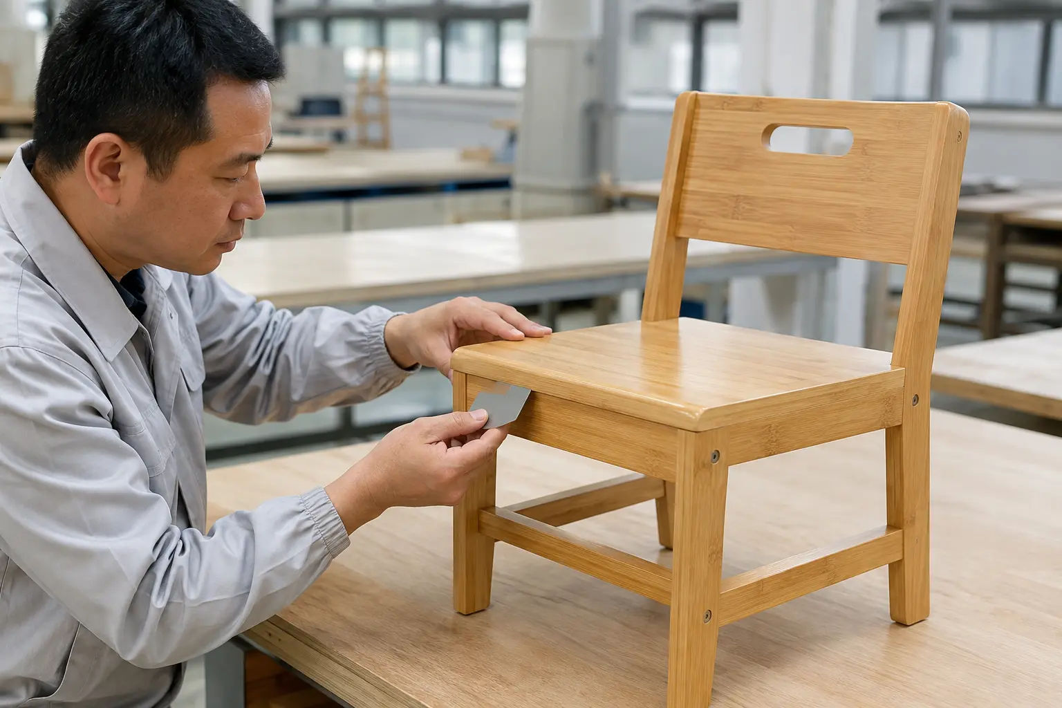 Quality inspector checking bamboo children’s chair edges, joints and hardware
