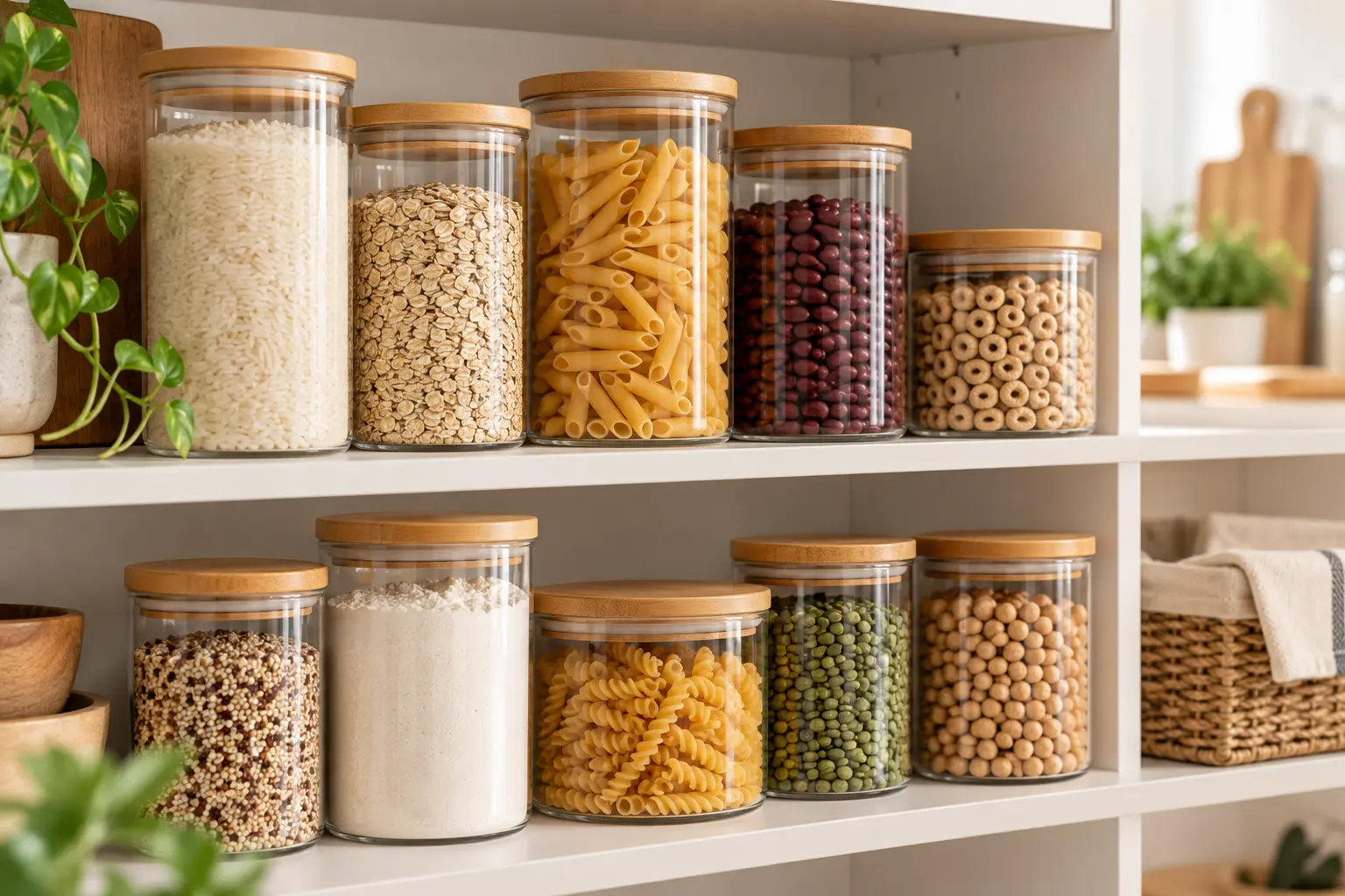 Bamboo kitchen canisters with glass jars and bamboo lids arranged in a dry pantry