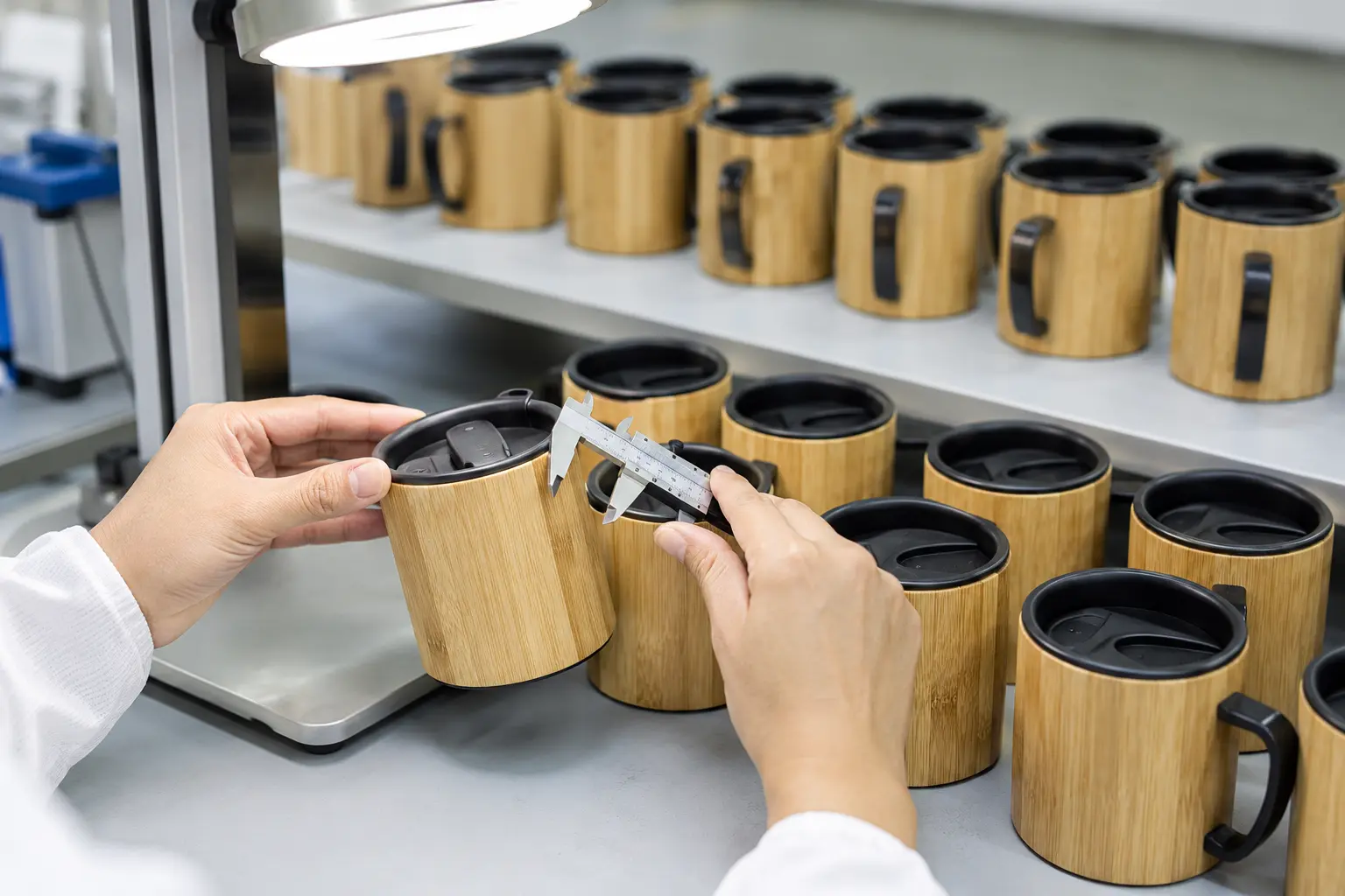 Wholesale bamboo mugs undergoing finish and lid quality inspection