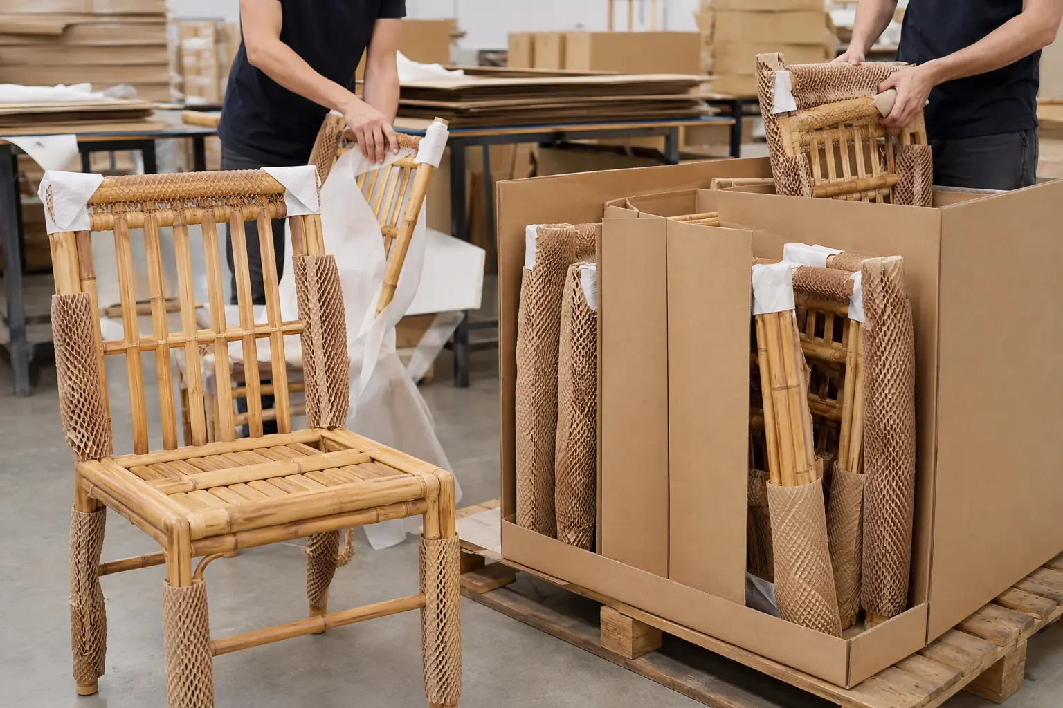 Protected bamboo restaurant chairs packed for wholesale and hospitality project delivery