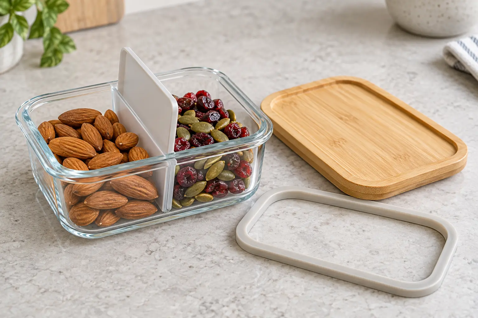 Bamboo snack container with removable divider and easy-clean seal