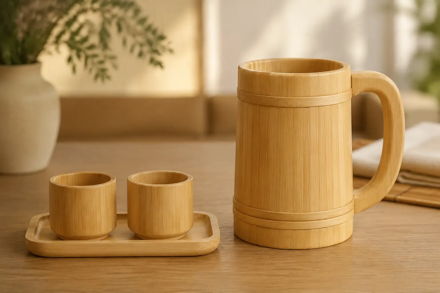 Bamboo tea cup set and handled bamboo-style beer mug for different uses