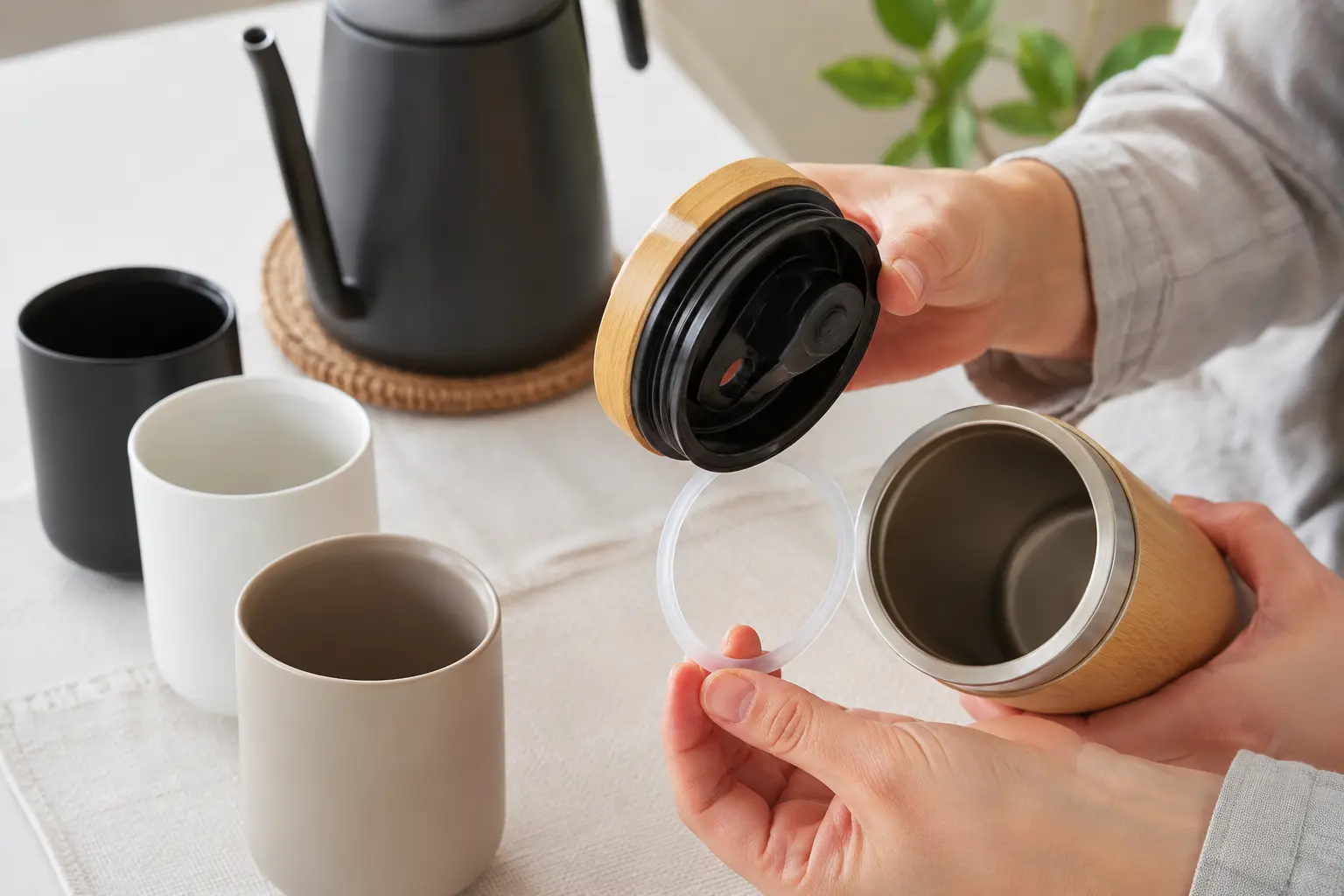 Buyer checking a bamboo-accent travel cup lid, seal and hot-drink design