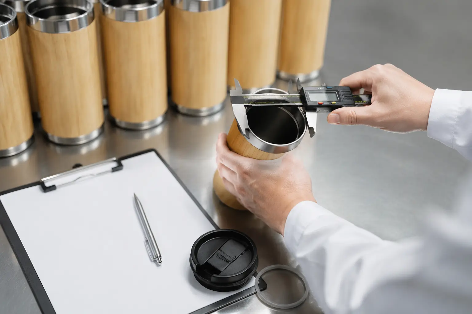 Buyer inspecting a bamboo travel mug lid, gasket and cup dimensions