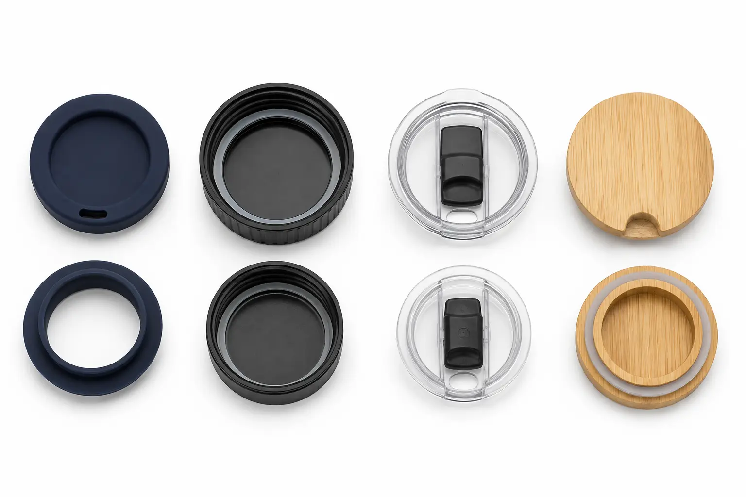 Press-fit, screw, slider and bamboo lid options for travel mugs