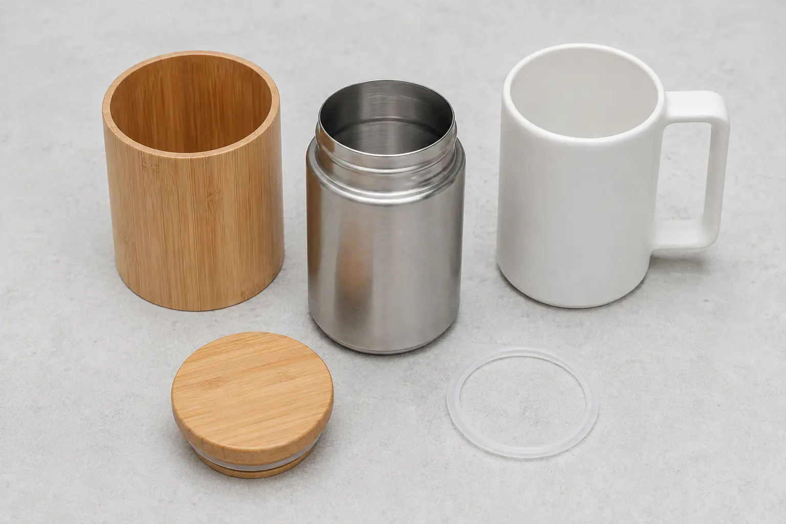 Bamboo travel mug materials including bamboo, steel, ceramic and silicone components