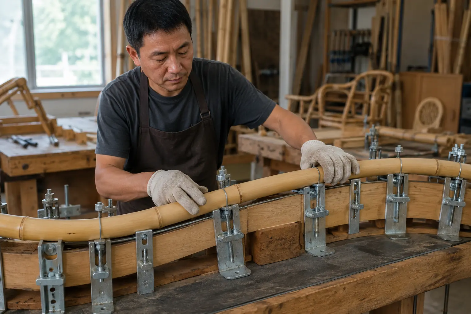 Bent bamboo chair component cooling in a controlled forming jig
