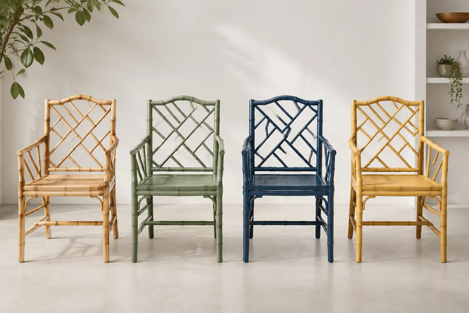 Natural green navy and yellow bamboo chair finish samples