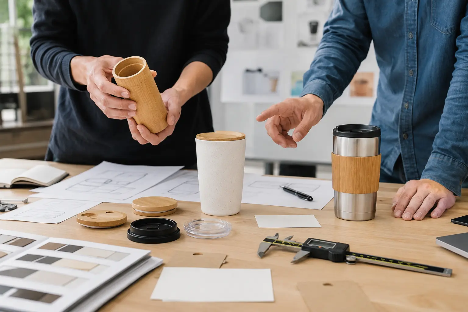 Custom bamboo cup samples under material and construction feasibility review