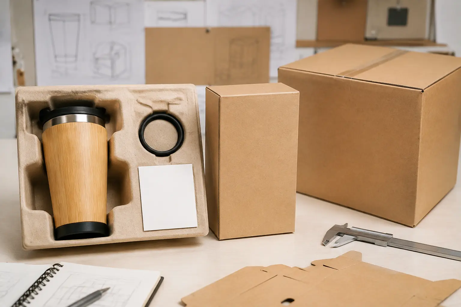 Custom bamboo mug with protective retail packaging components