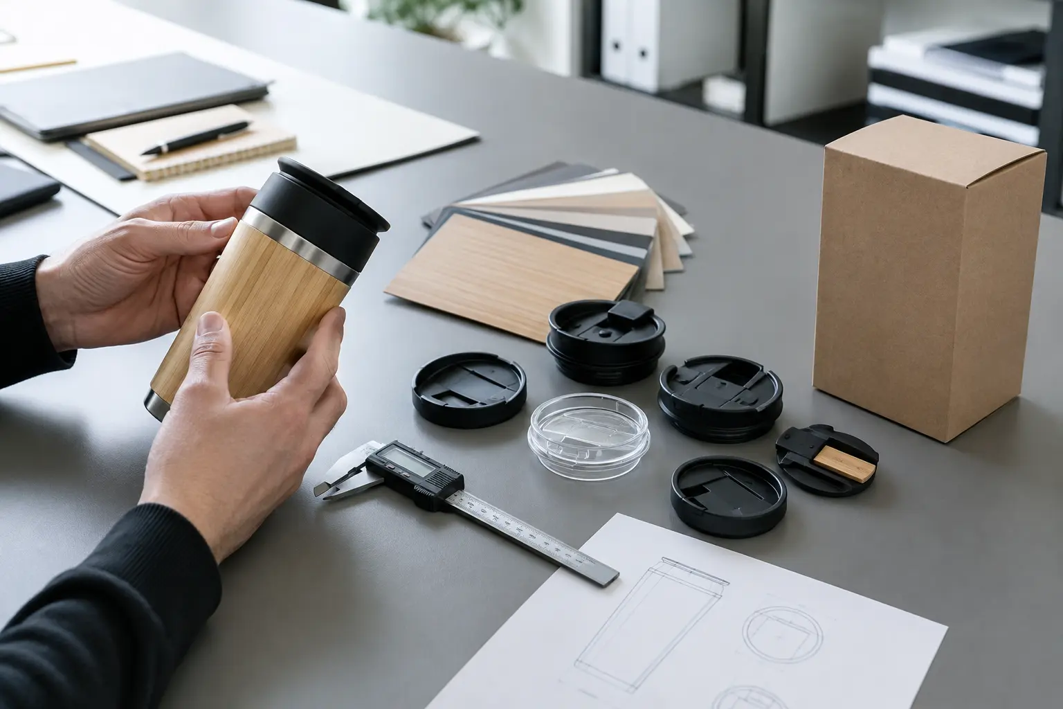 Buyer reviewing a custom bamboo travel mug specification brief