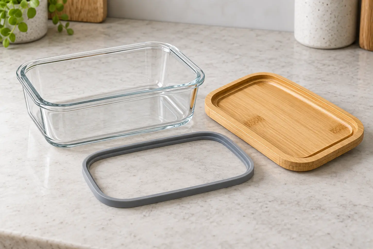 Glass food storage container with removable bamboo lid and silicone gasket