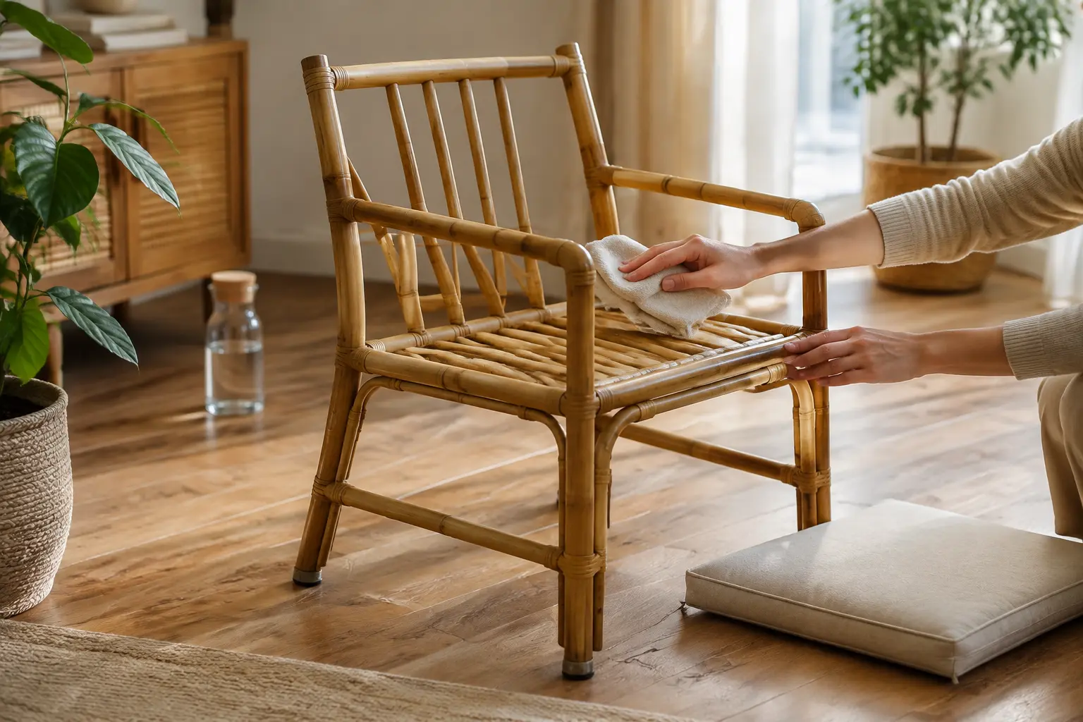 Indoor bamboo chair being gently cleaned and kept away from moisture