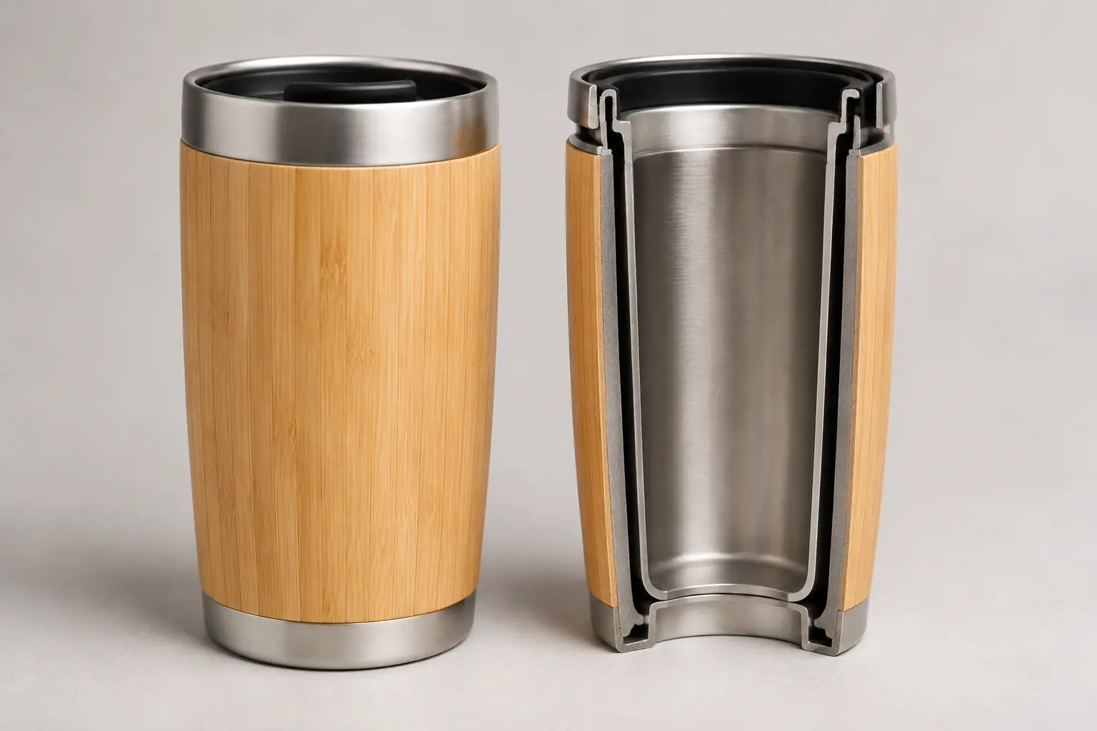 Double-wall stainless travel mug with a natural bamboo exterior
