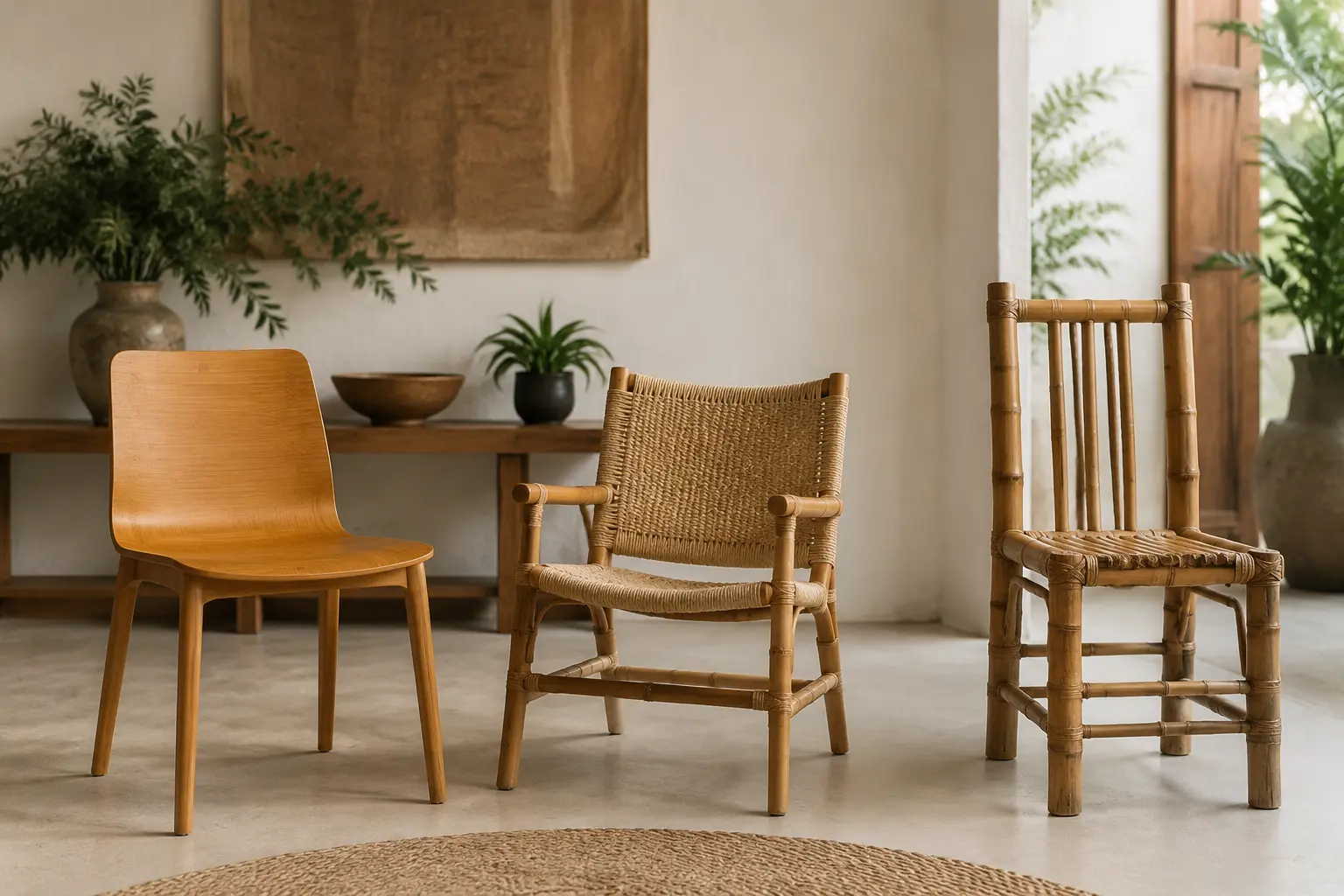 Modern boho and traditional bamboo chair styles in interior settings
