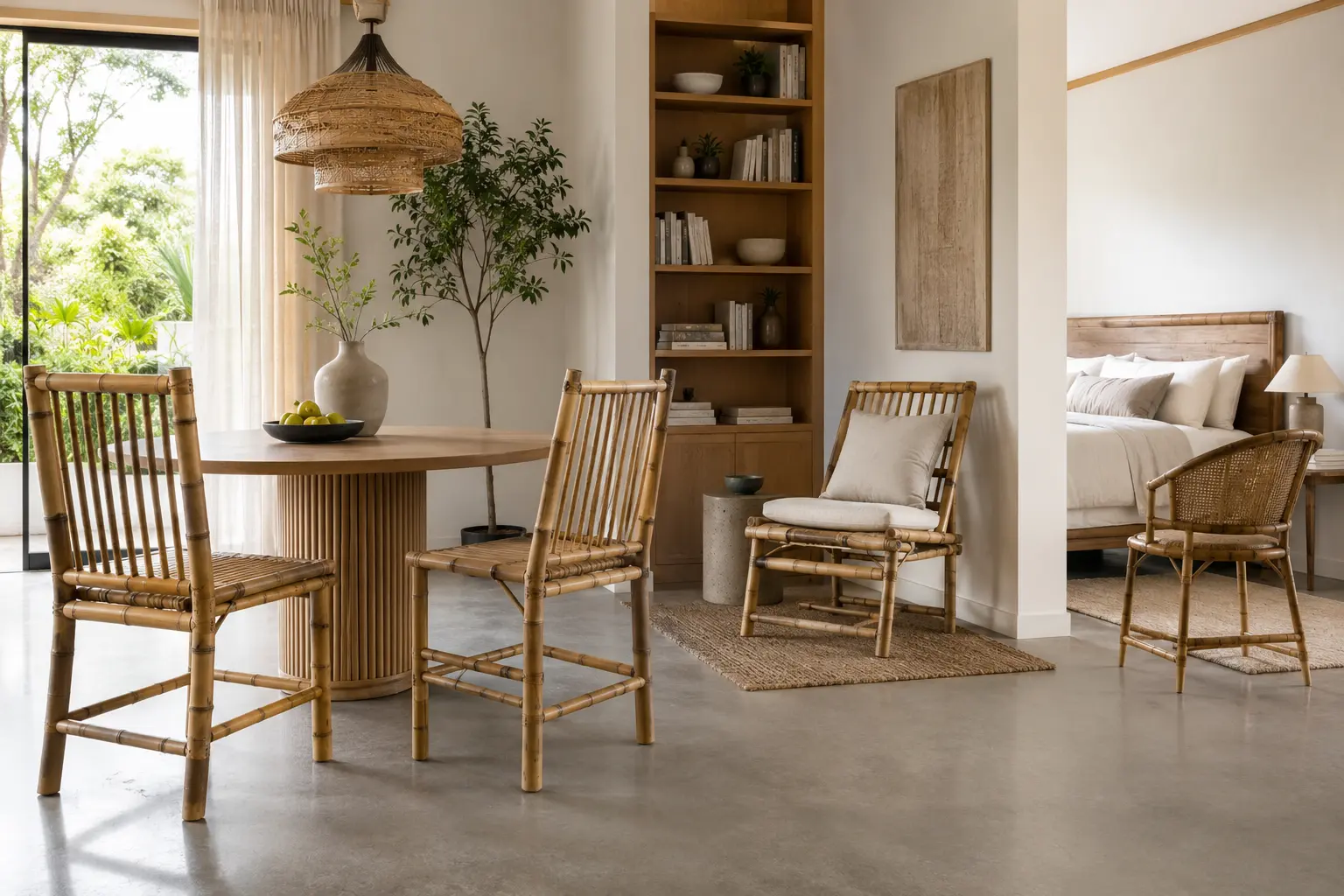 Modern bamboo chairs used in dining living and reading room settings