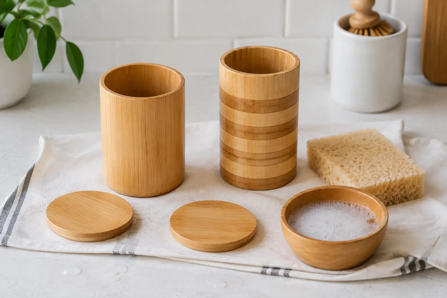 Natural and laminated bamboo cups drying after gentle hand washing