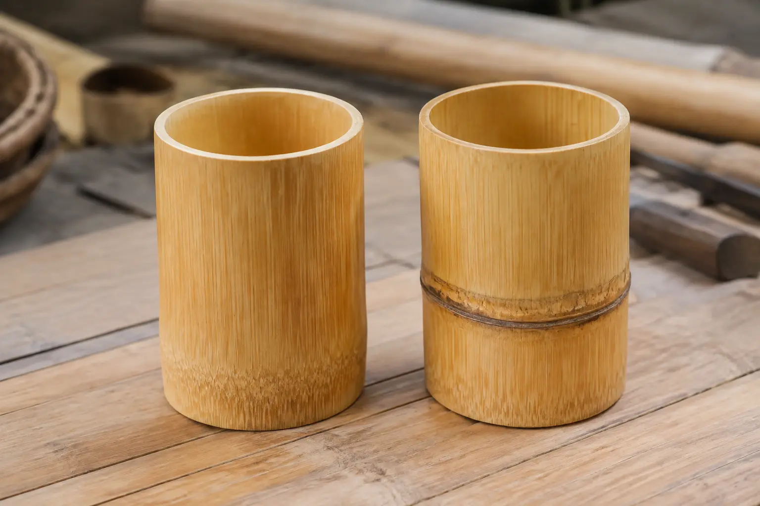 Natural bamboo culm drinking cup showing grain and node variation