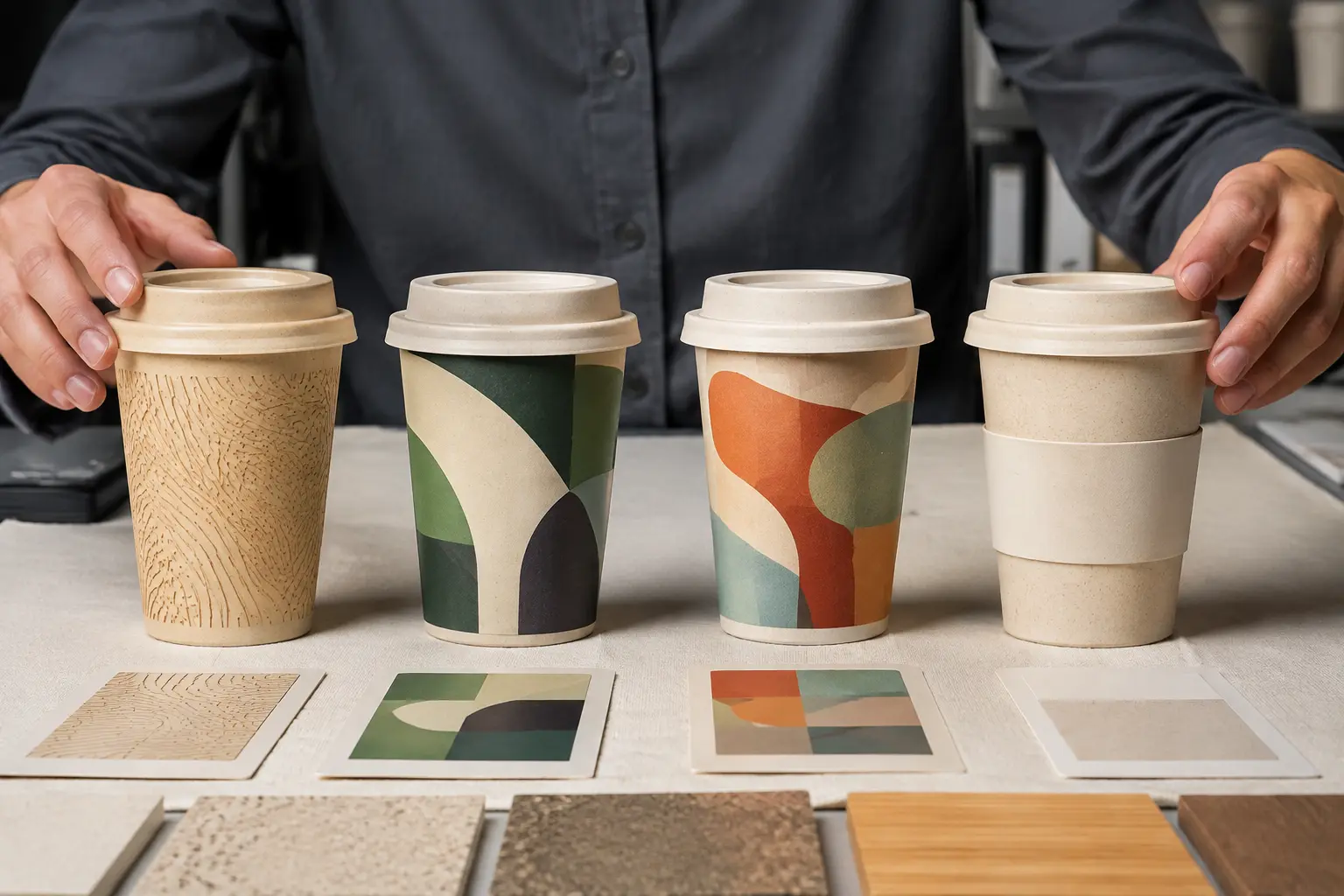 Personalized bamboo coffee cup decoration samples under evaluation