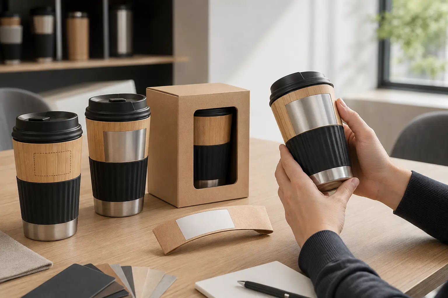Custom bamboo coffee cup samples with blank areas for personalization