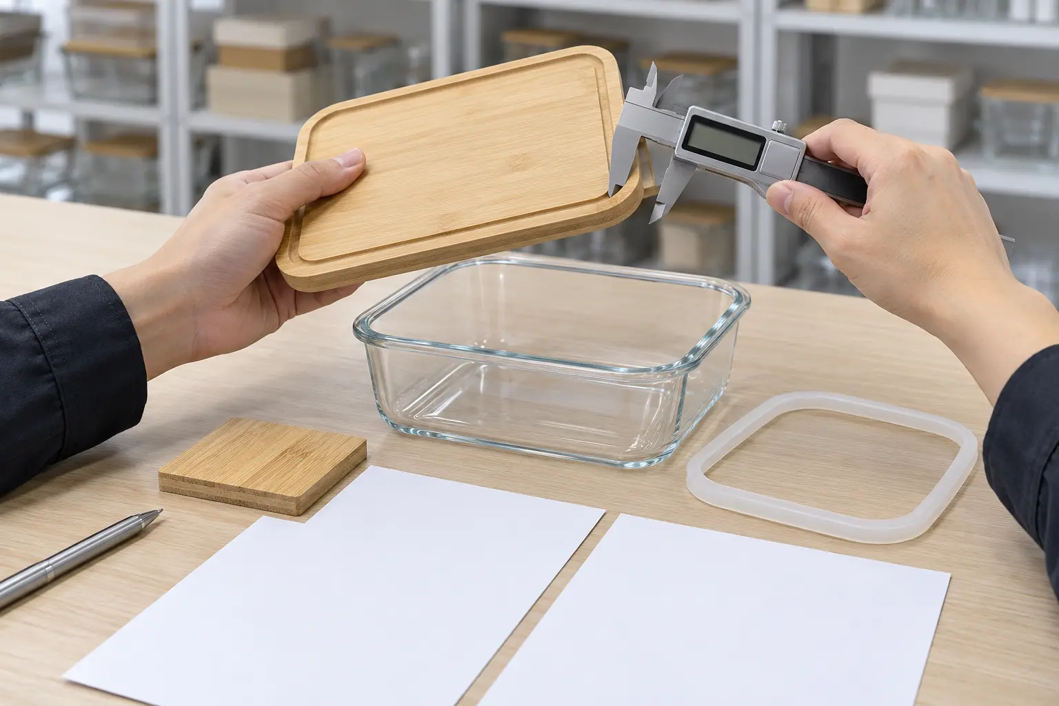 Buyer reviewing bamboo container materials, gasket and product documentation