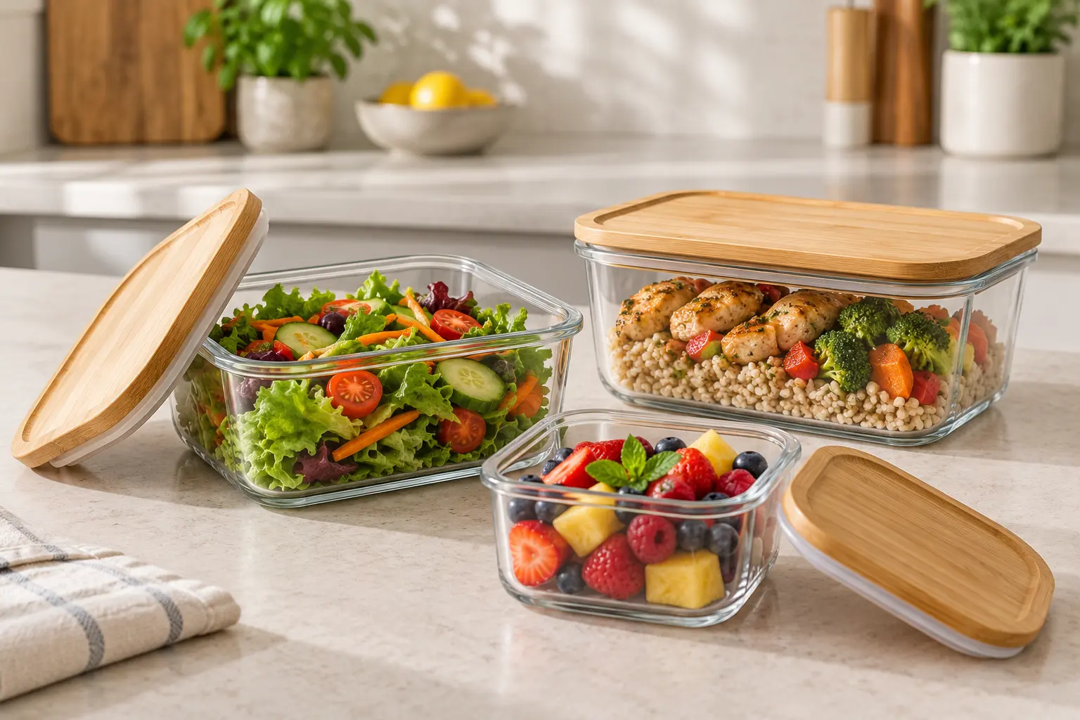 Reusable bamboo food storage containers arranged for lunch and meal prep