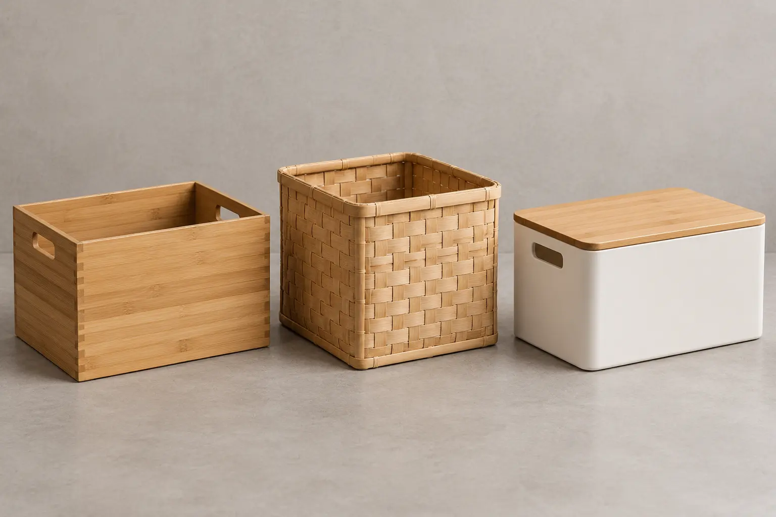 Solid panel, woven and mixed-material bamboo box construction